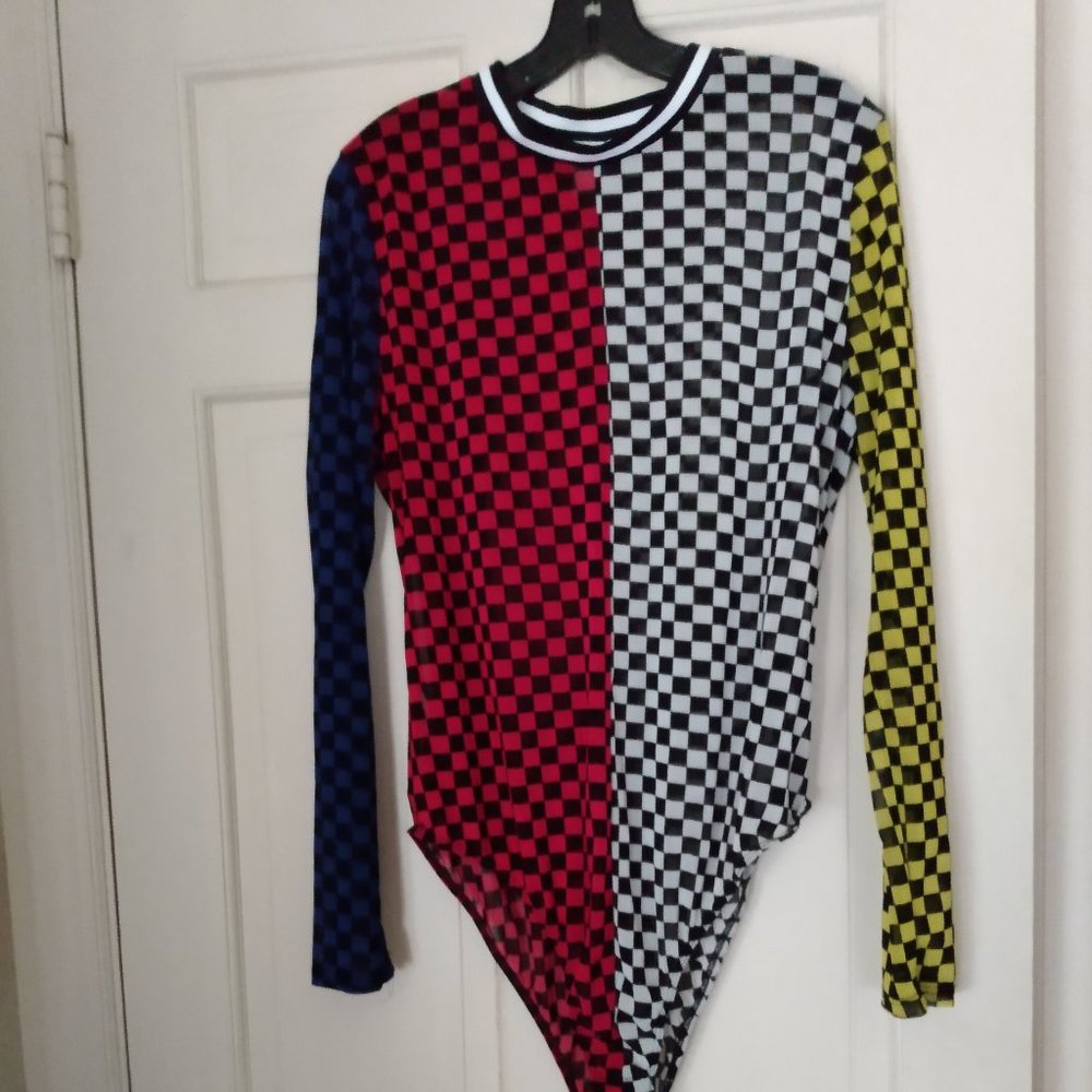 K Glam Checked super sheer sexy bodysuit snap crotch 3x